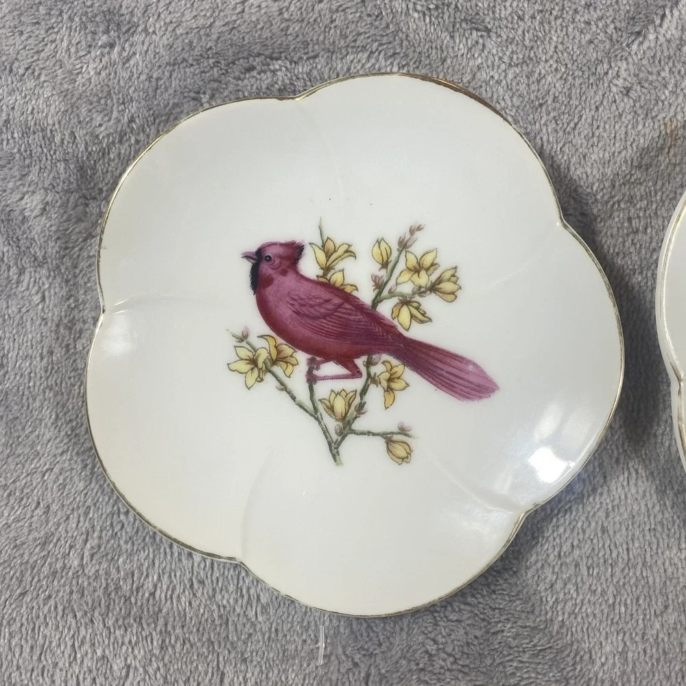 2 Vintage Scalloped Plates Birds Gold Rims Hand Painted In Japan Trinket Dishes‎